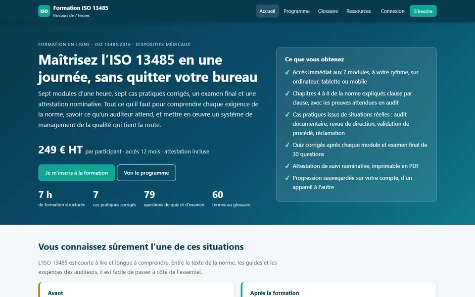 Page d'accueil de la formation en ligne ISO 13485