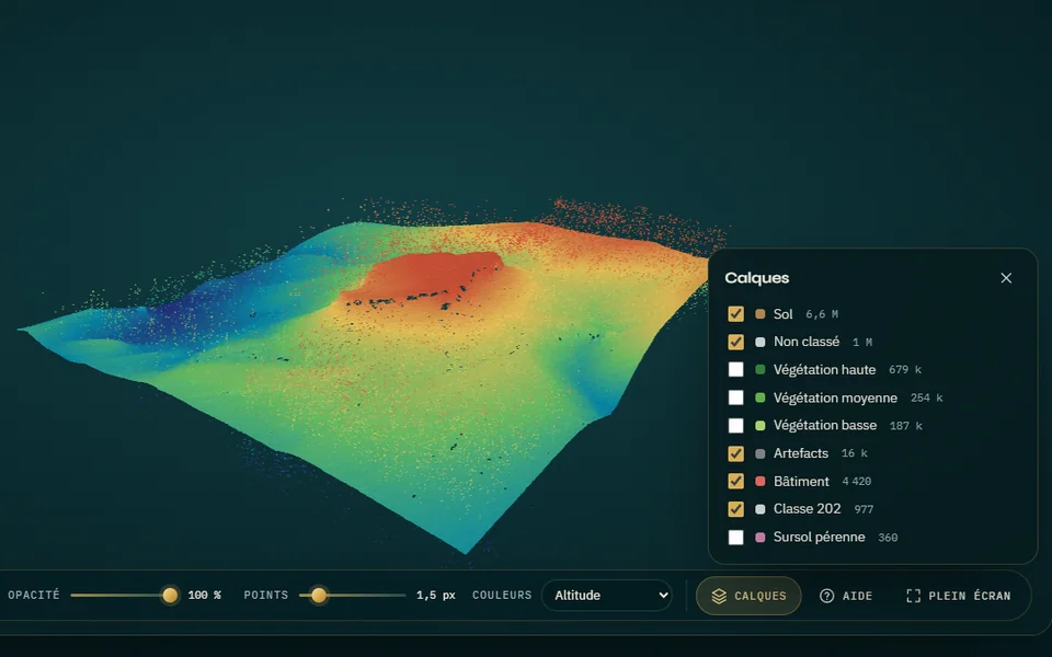 Relevé LiDAR coloré par altitude dans la visionneuse VisuaLogic